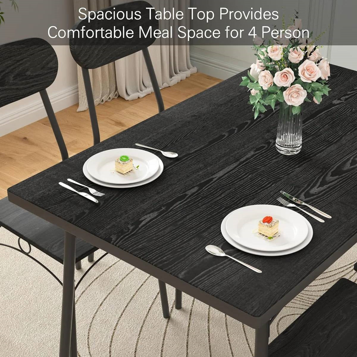 Modern 5-Piece Dining Set with Black Wood-Top Table and 4 Chairs