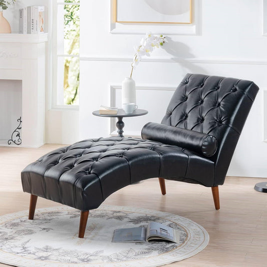 Black Faux Leather Upholstered Armless Chaise Lounge Chair with Lumbar Pillow