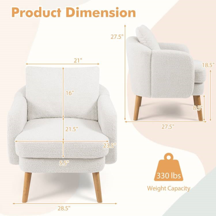 Modern White Sherpa Upholstered Accent Chair with Wooden Legs