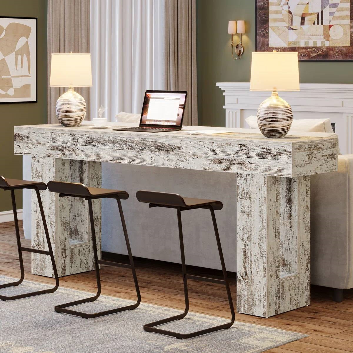 Modern Farmhouse 63-inch Console Sofa Table in Rustic White Wood Finish