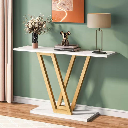 Modern Industrial Console Table with Faux White Marble Top and Gold Frame