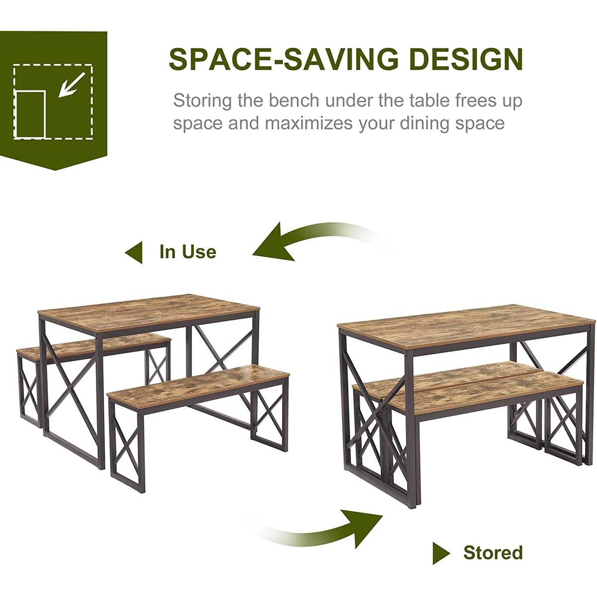 Modern Industrial Wood-Top Kitchen Dining Table Set with 2 Backless Benches