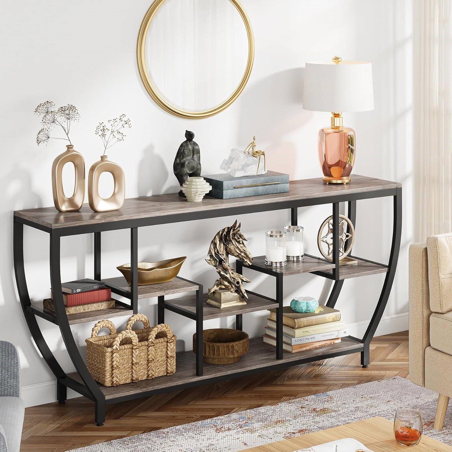 Industrial Chic 70-inch Long Narrow Console Sofa Table with Gray Wood Shelves