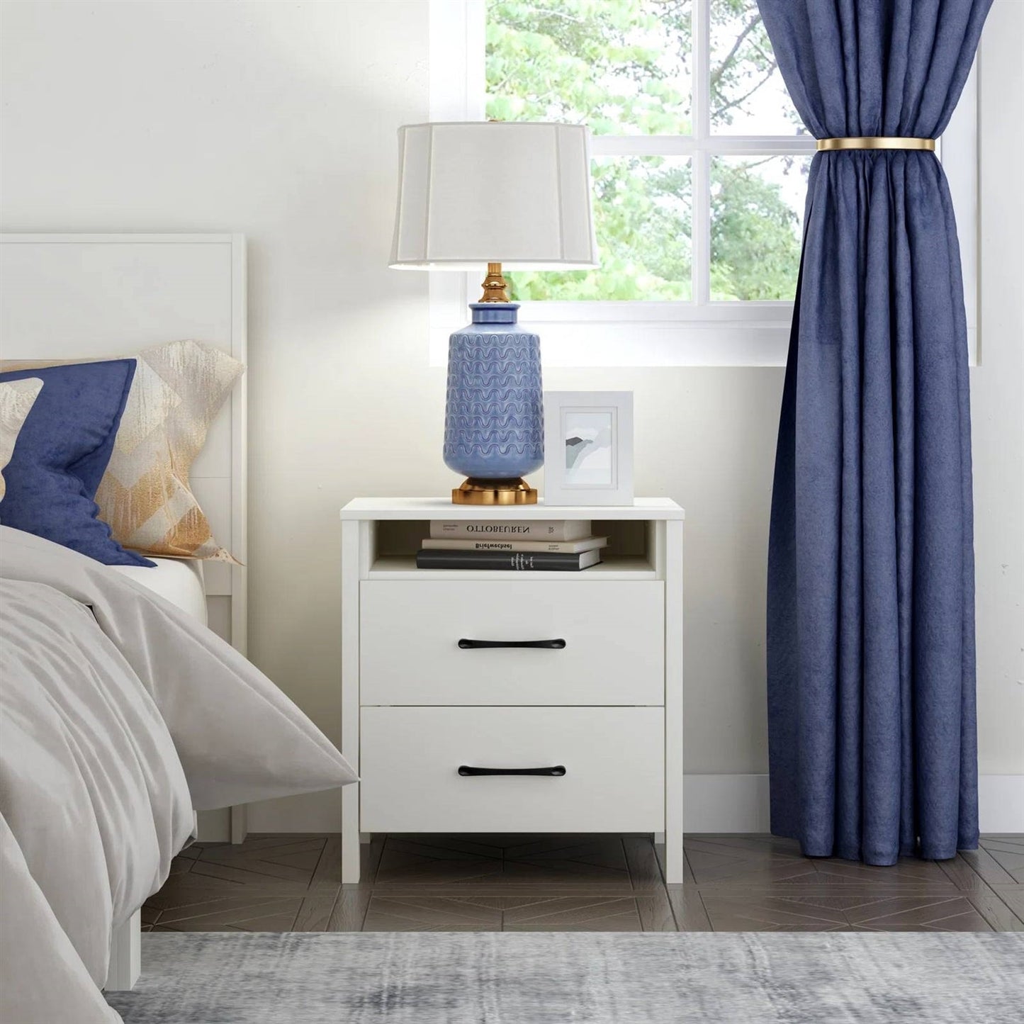 Modern 2-Drawer Nightstand with Open Shelf in Ivory Wood Finish
