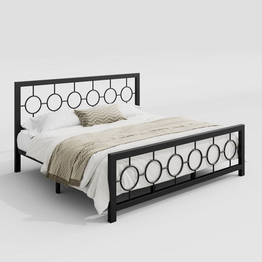 King Black Metal Platform Bed Frame with Circle Medallion Headboard Footboard