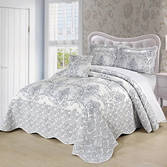 King size White Damask Embroidered 4 Piece Oversized Bedspread Set