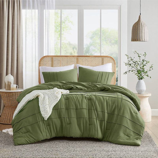 Twin/Twin XL Microfiber Pleated Soft Lightweight Comforter Set in Olive Green