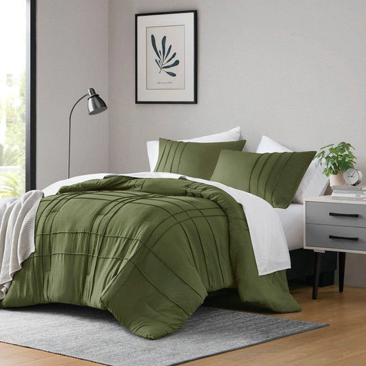 Twin/Twin XL Microfiber Pleated Soft Lightweight Comforter Set in Olive Green
