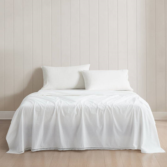 Queen Size 4 Piece 100-Percent Cotton Sheet Set in White with Lace Trim