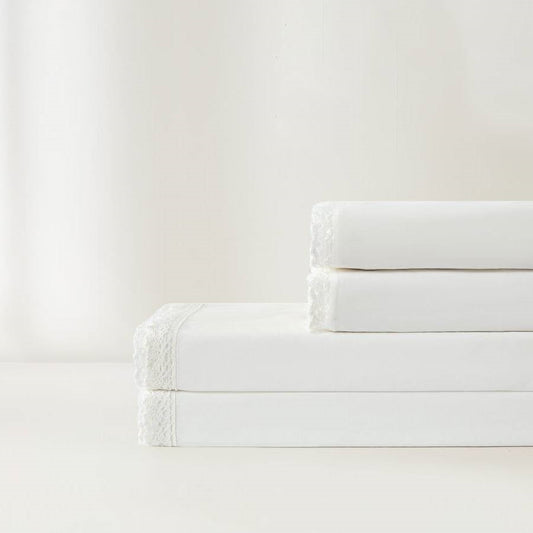 Queen Size 4 Piece 100-Percent Cotton Sheet Set in White with Lace Trim