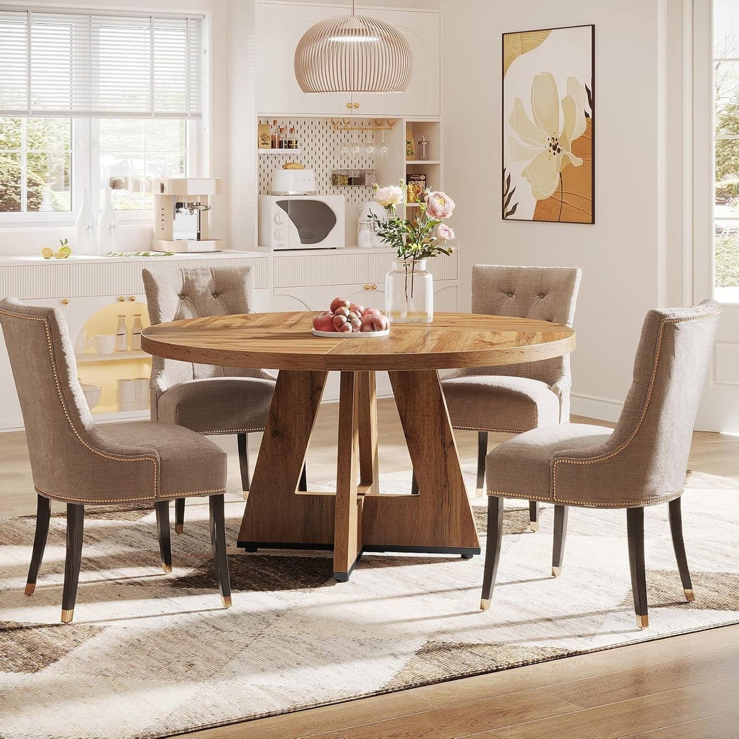Modern Kitchen 4-Person Circular Dining Table in Retro Brown Wood Finish