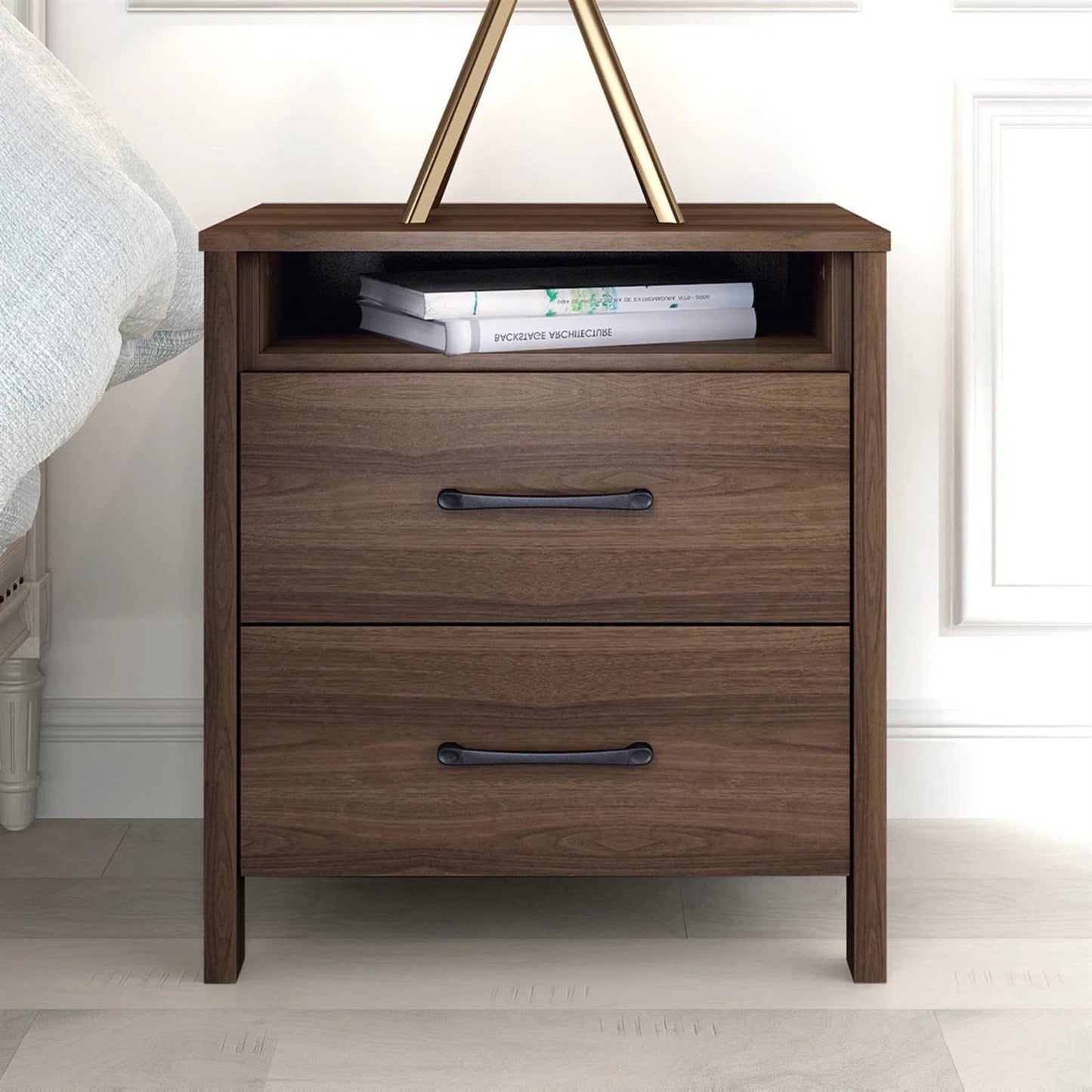 Modern 2-Drawer Nightstand Bedside Table in Brown Walnut Wood Finish