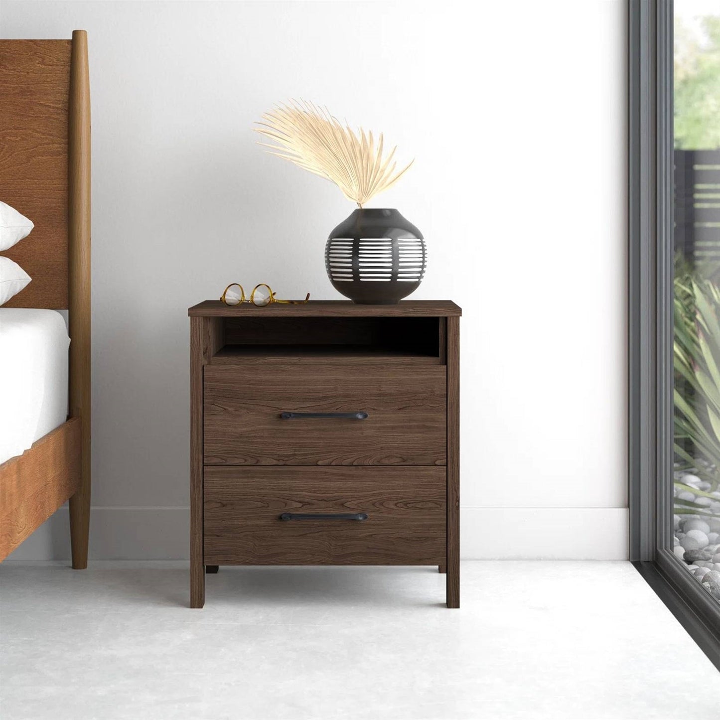 Modern 2-Drawer Nightstand Bedside Table in Brown Walnut Wood Finish
