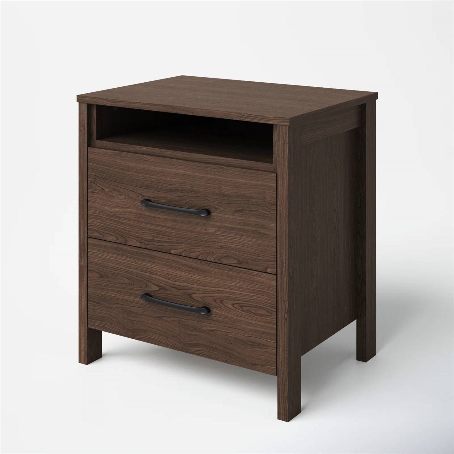 Modern 2-Drawer Nightstand Bedside Table in Brown Walnut Wood Finish