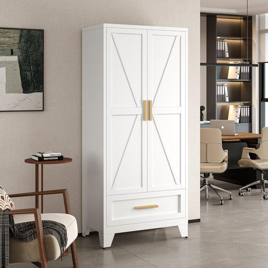 White 2-Door Wardrobe Armoire Cabinet with Storage Drawer and Hanging Rod