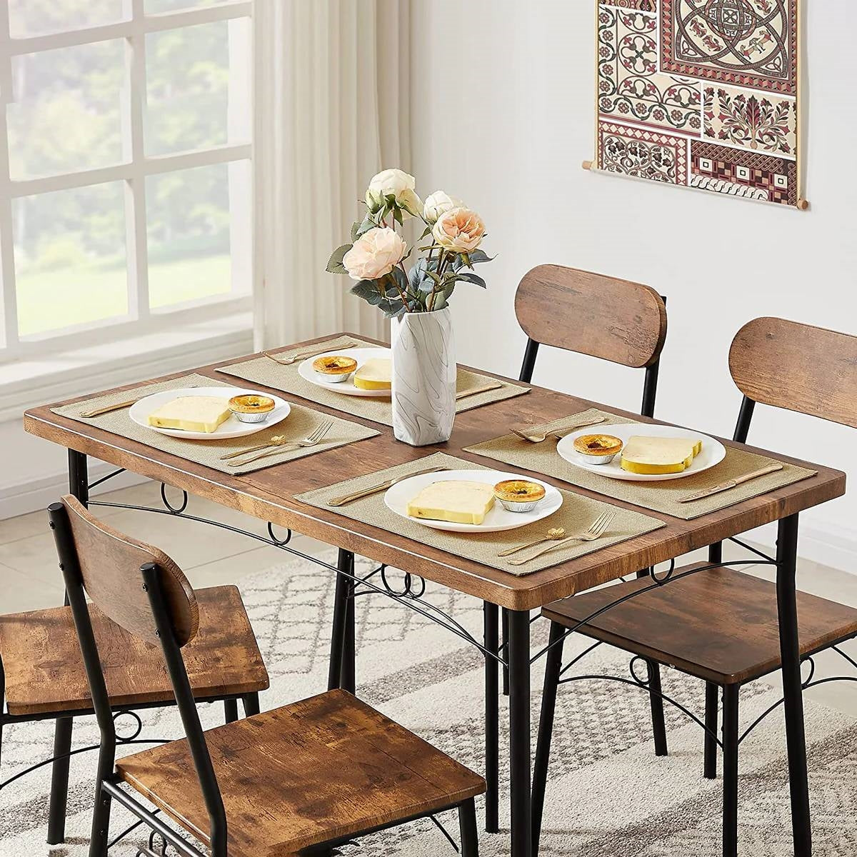 Modern Industrial 5-Piece Dining Set with Wood Top Table and 4 Chairs