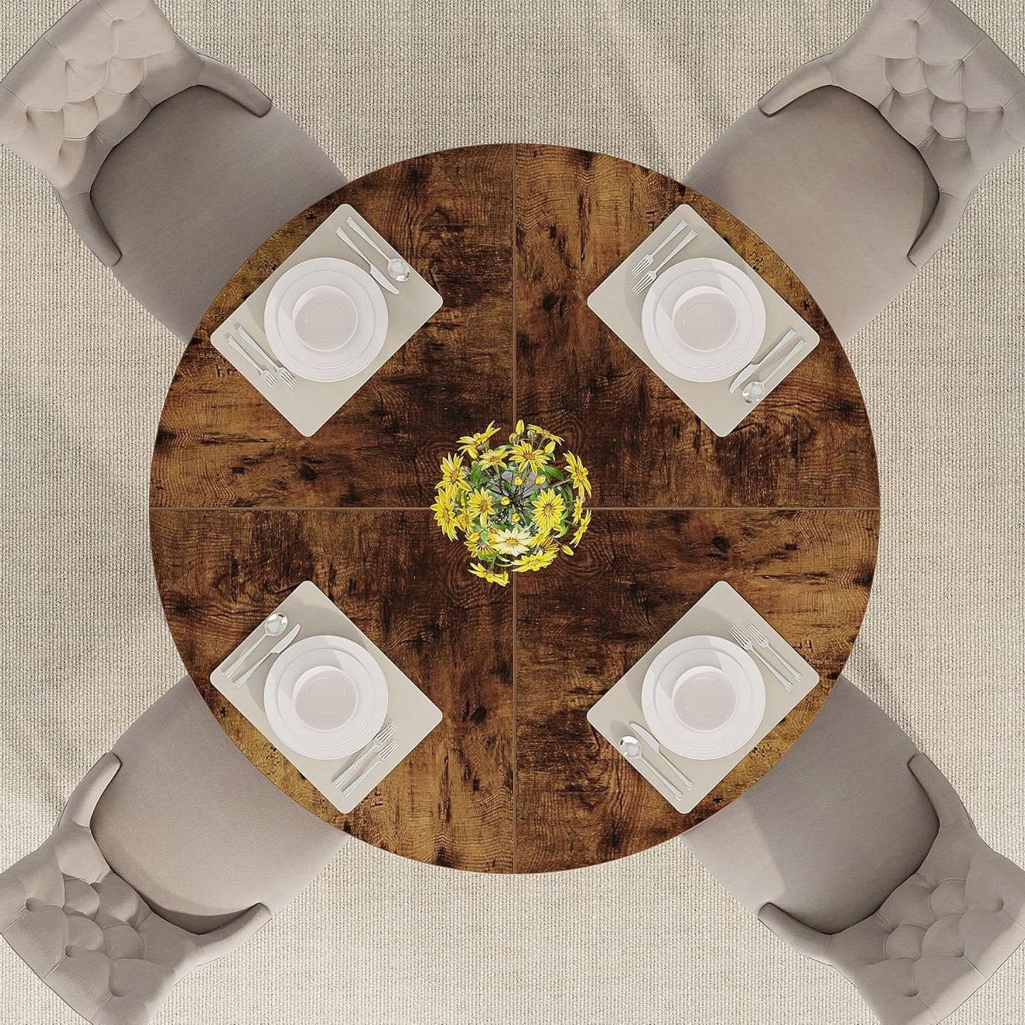 Modern Kitchen 4-Person Circular Dining Table in Rustic Brown Wood Finish