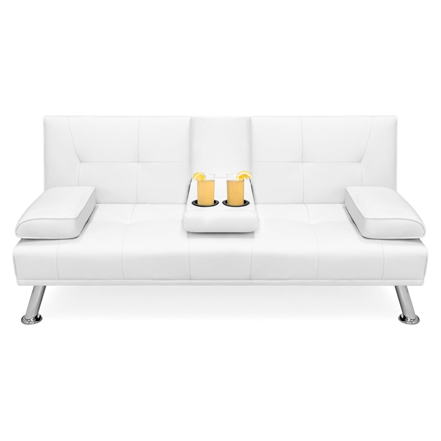 White Faux Leather Convertible Sofa Futon with 2 Cup Holders