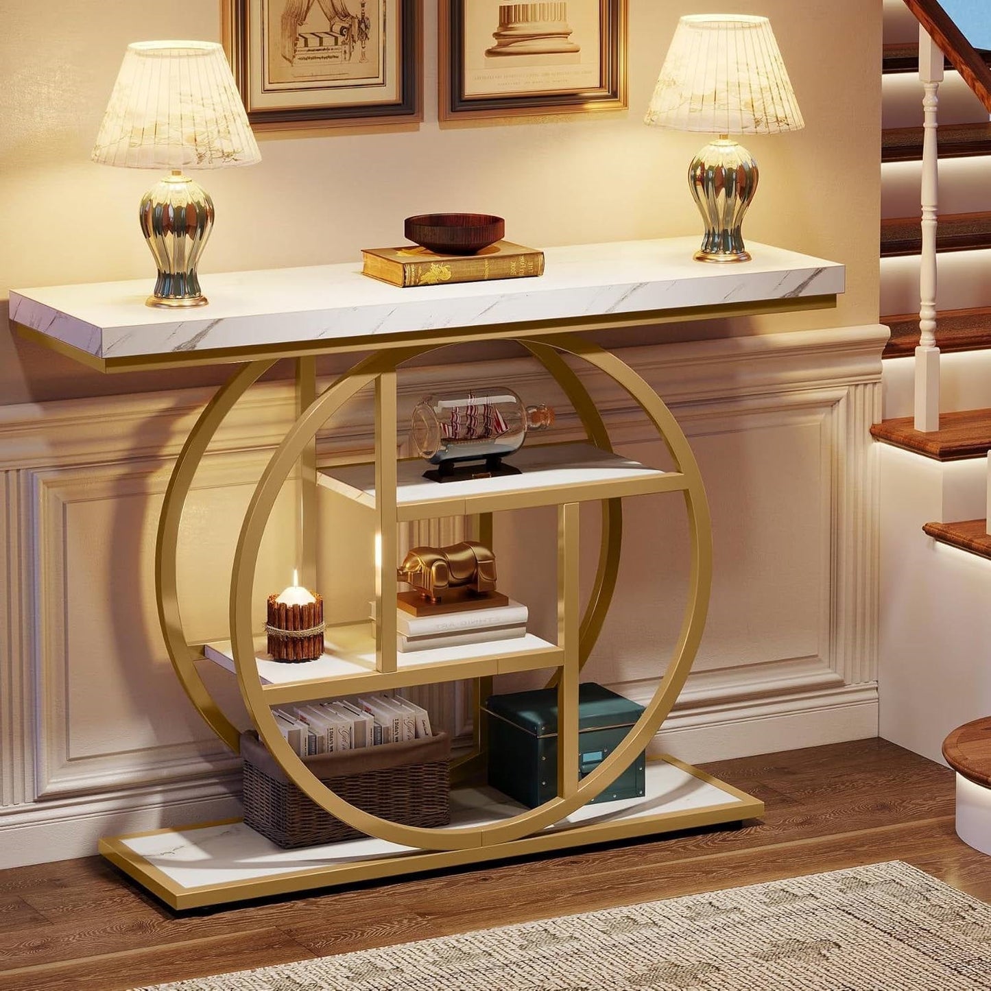 Modern Round Gold Metal Frame Foyer Console Table with White Faux Marble Shelves