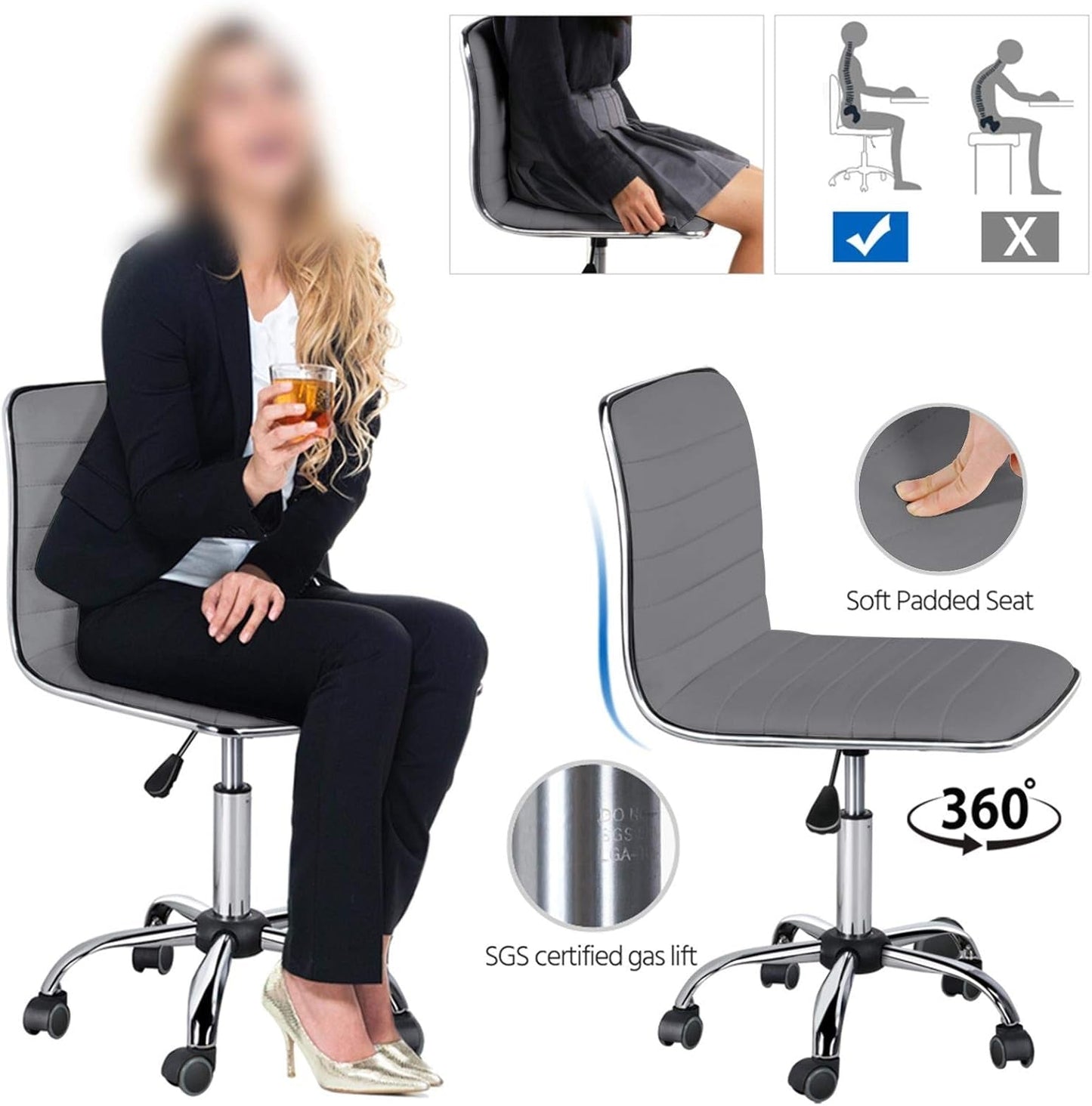 Grey PU Leather Armless Office Chair Height Adjustment