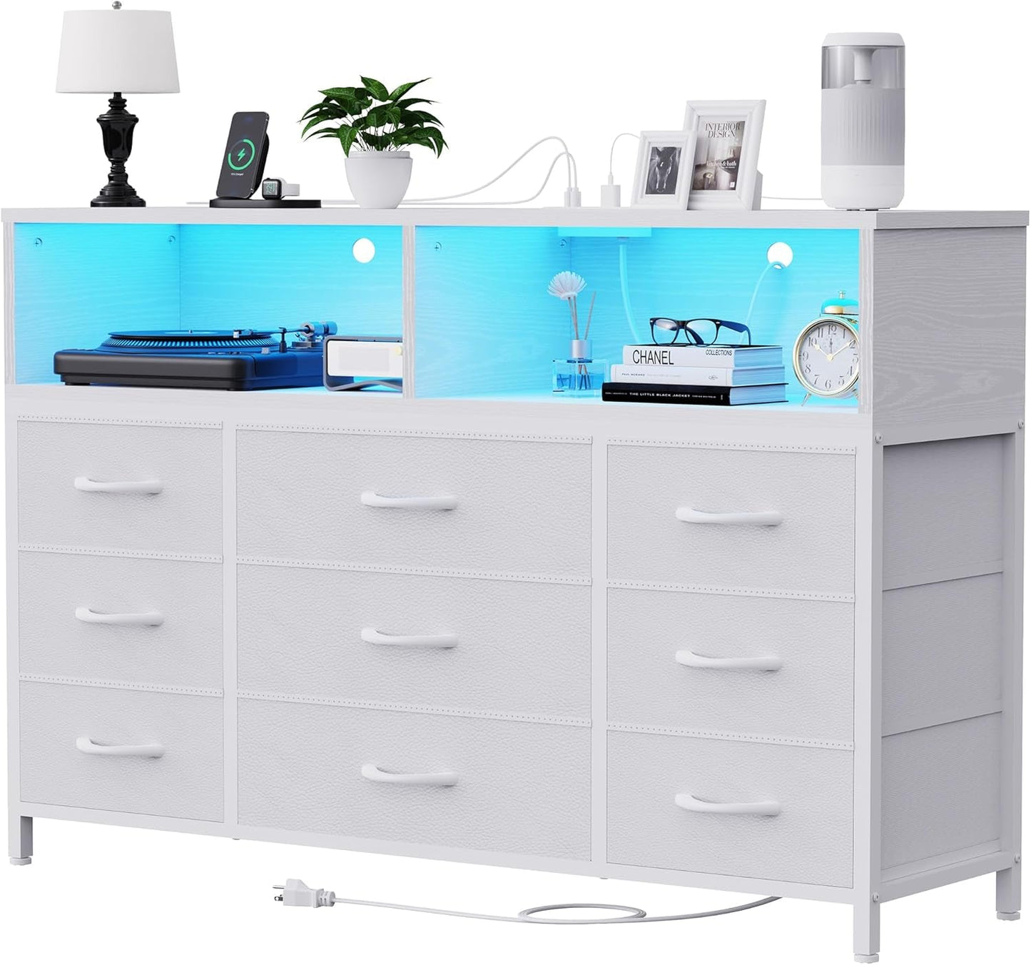 White Dresser With Built In LED USB Charging Station