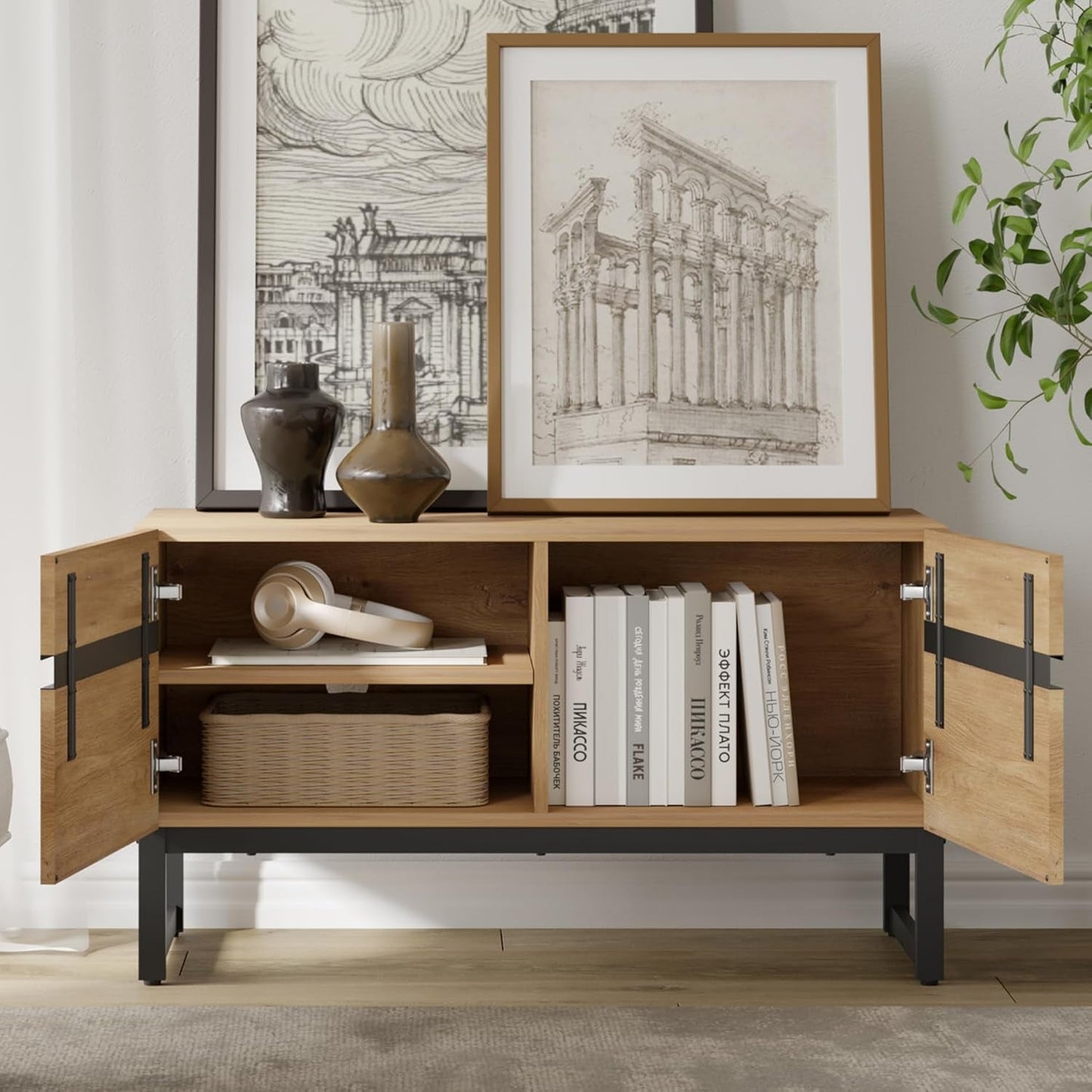 Oak TV Stand With Storage Cabinets For 110 Inch TV Modern Media Console