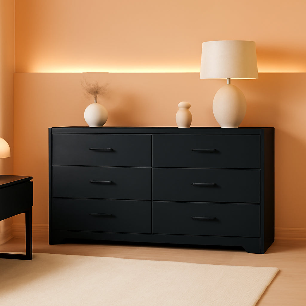 Wooden Six Drawer Dresser In Black For Living Room Bedroom