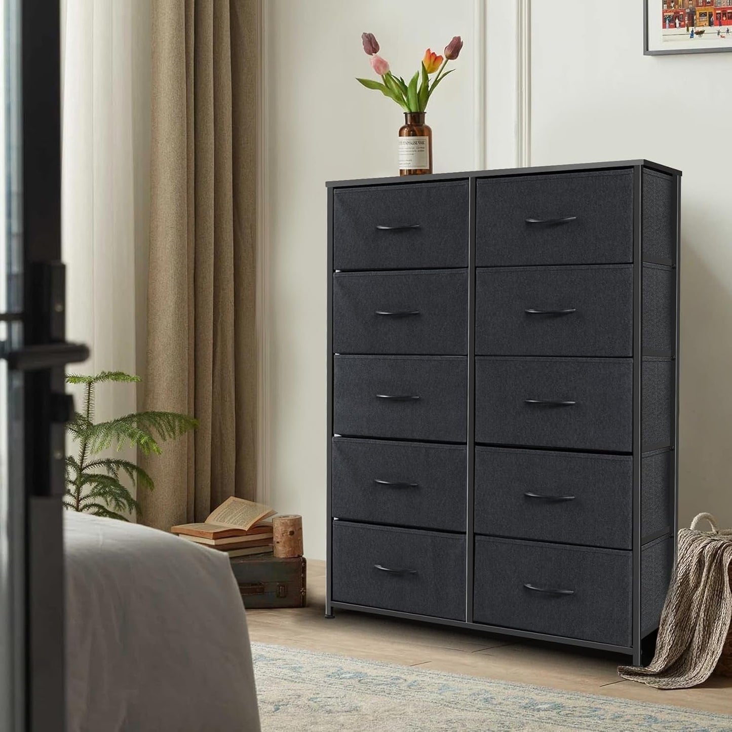 Dresser With 10 Drawers And Fabric Bins In Black Finish