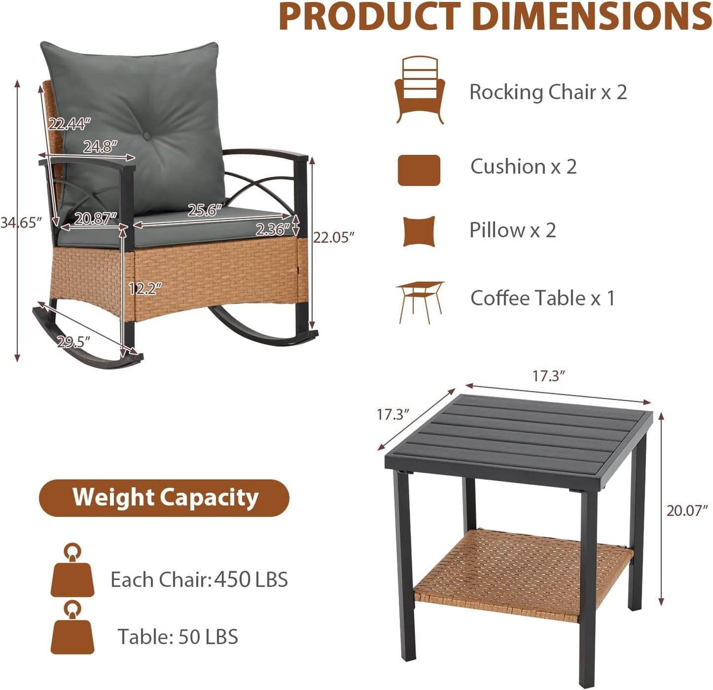 3 Piece Patio Rocking Chairs Set With Coffee Table Grey