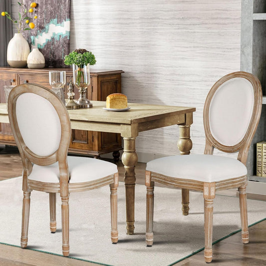 Beige Fabric Dining Chair Set Of 2 Square Back With Solid Wood Legs
