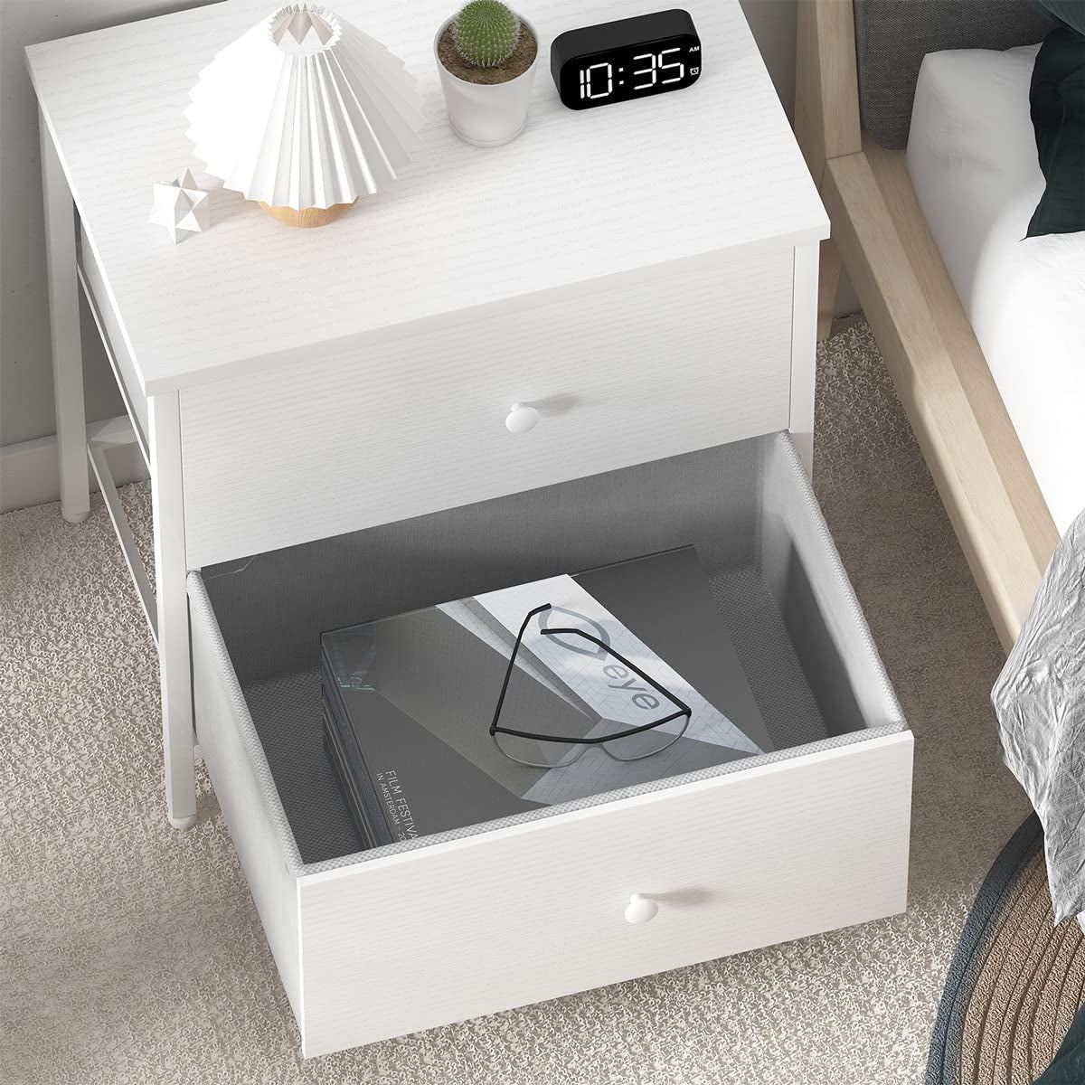 White Nightstand With 2 Drawers Bedside End Table Storage