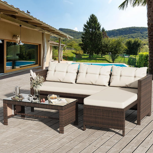 All Weather Wicker Patio Sectional Sofa Set with Table