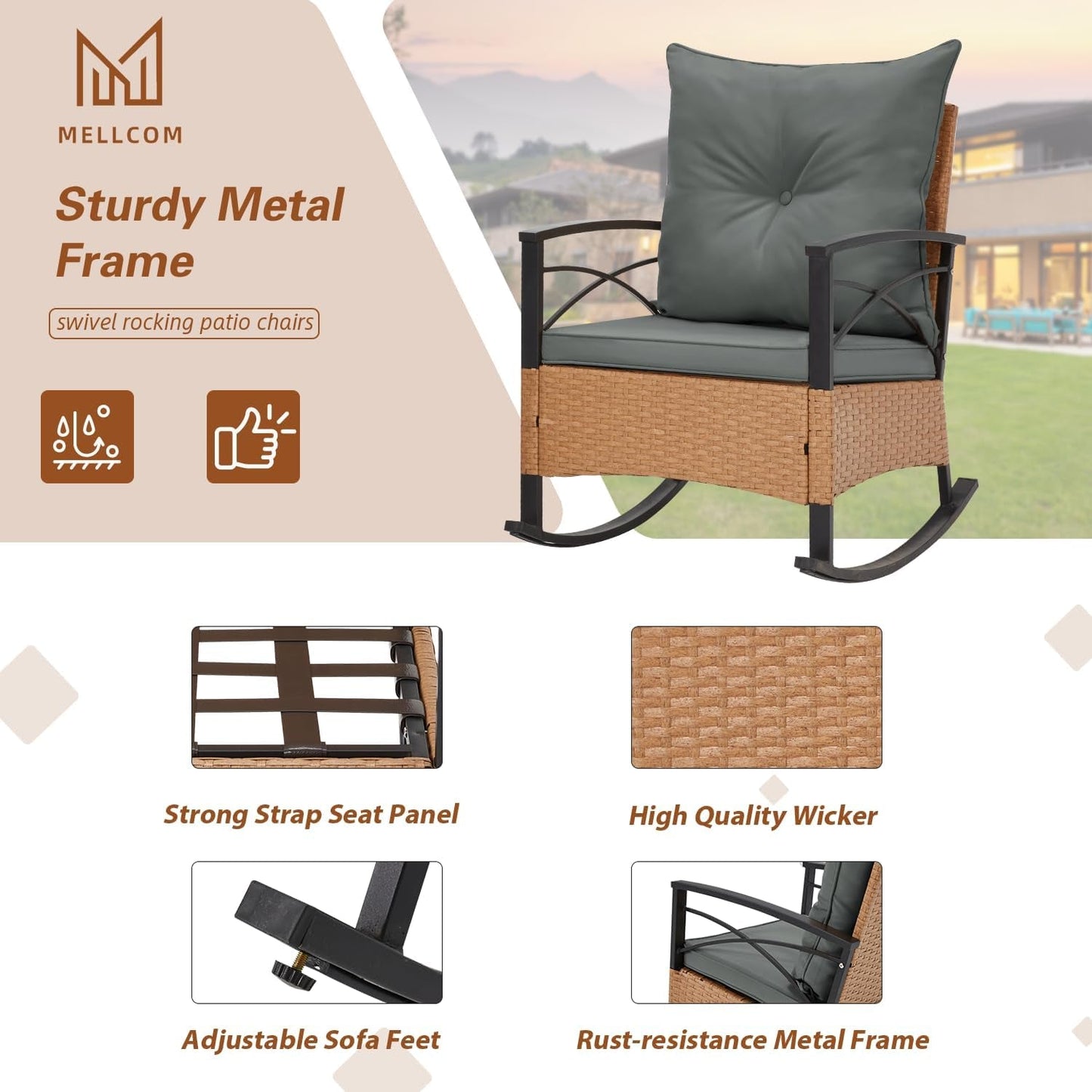 3 Piece Patio Rocking Chairs Set With Coffee Table Grey