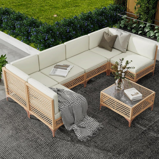 7 Piece Outdoor Wicker Sectional Set With Tempered Glass