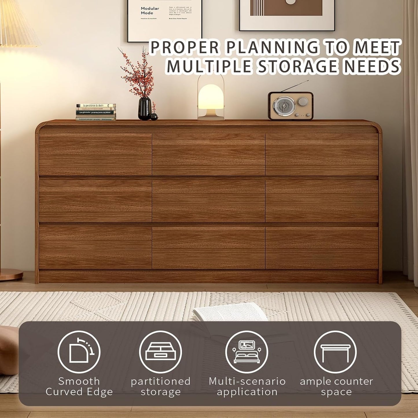 63 Inch Dresser With Curved Safety Edges Six Drawers