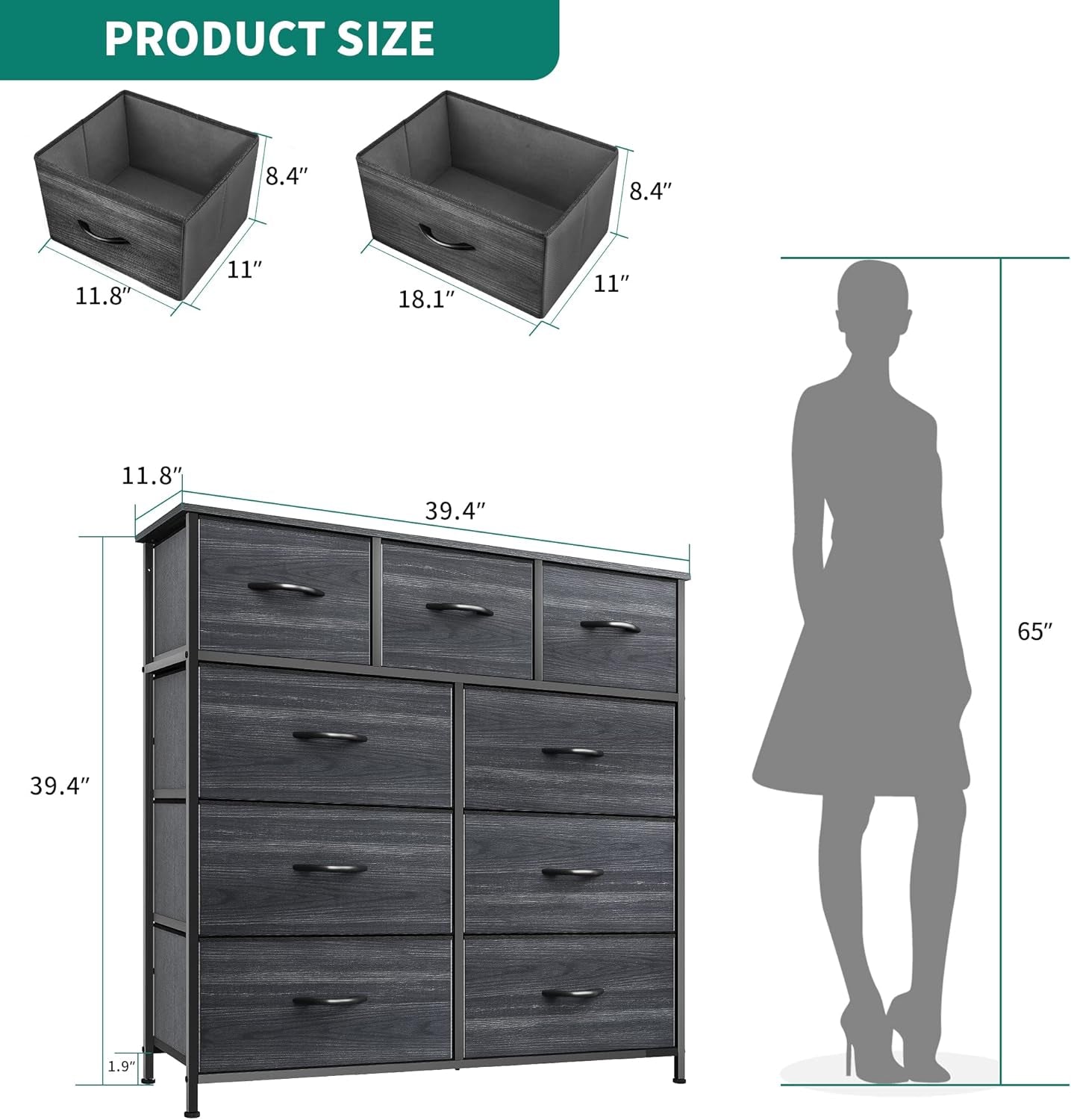 9 Drawer Dresser With Fabric Storage Tower And Wooden Top