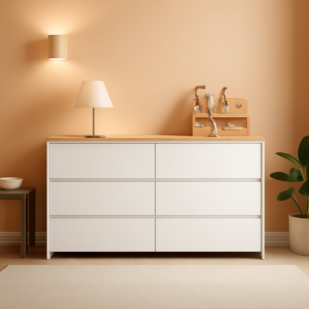 White Forty Seven Inch Six Drawer Dresser Wood Top