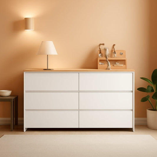 White Forty Seven Inch Six Drawer Dresser Wood Top