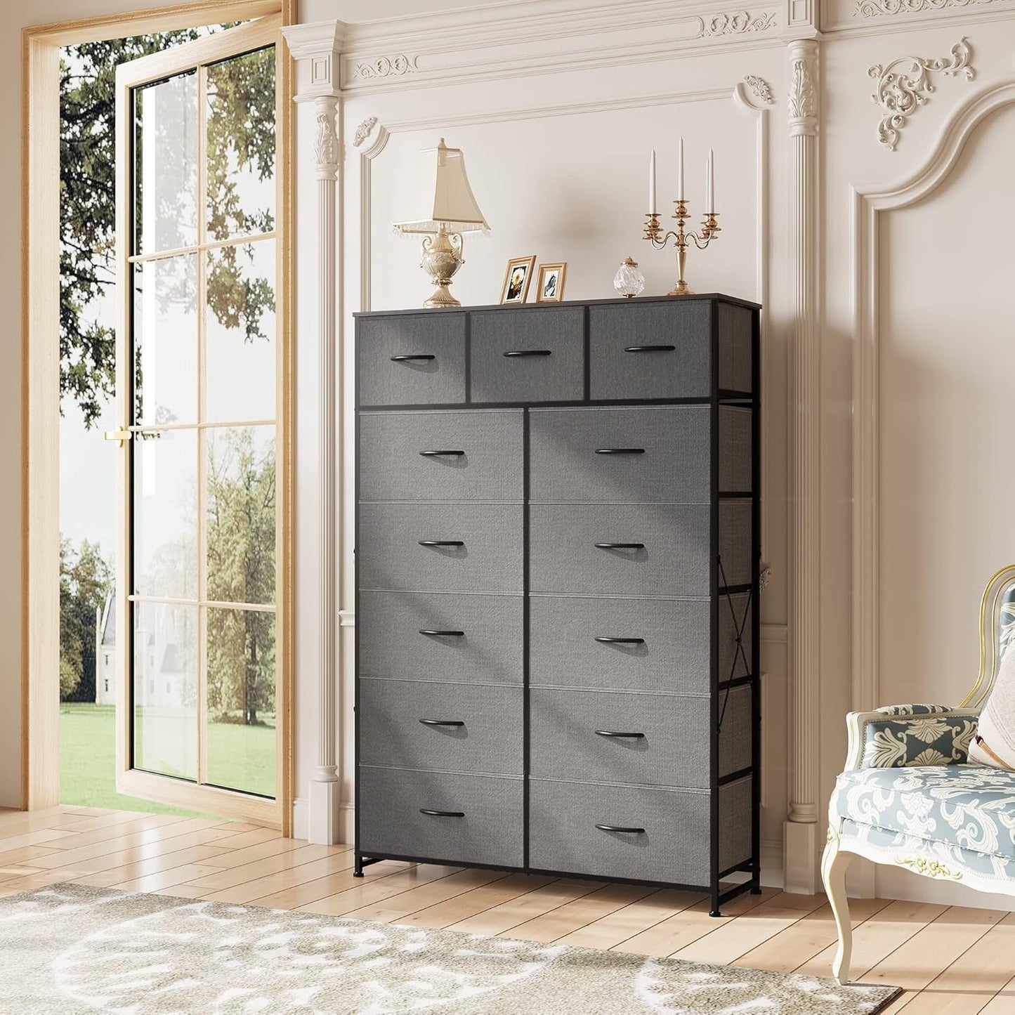 Tall Dresser With 13 Drawers Dark Grey Fabric For Bedroom Storage