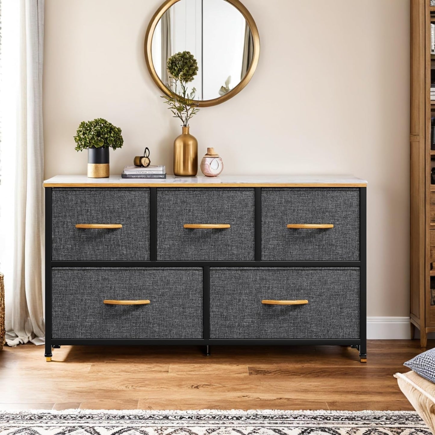 5-Drawer Fabric Storage Dresser With Wooden Top For Bedroom