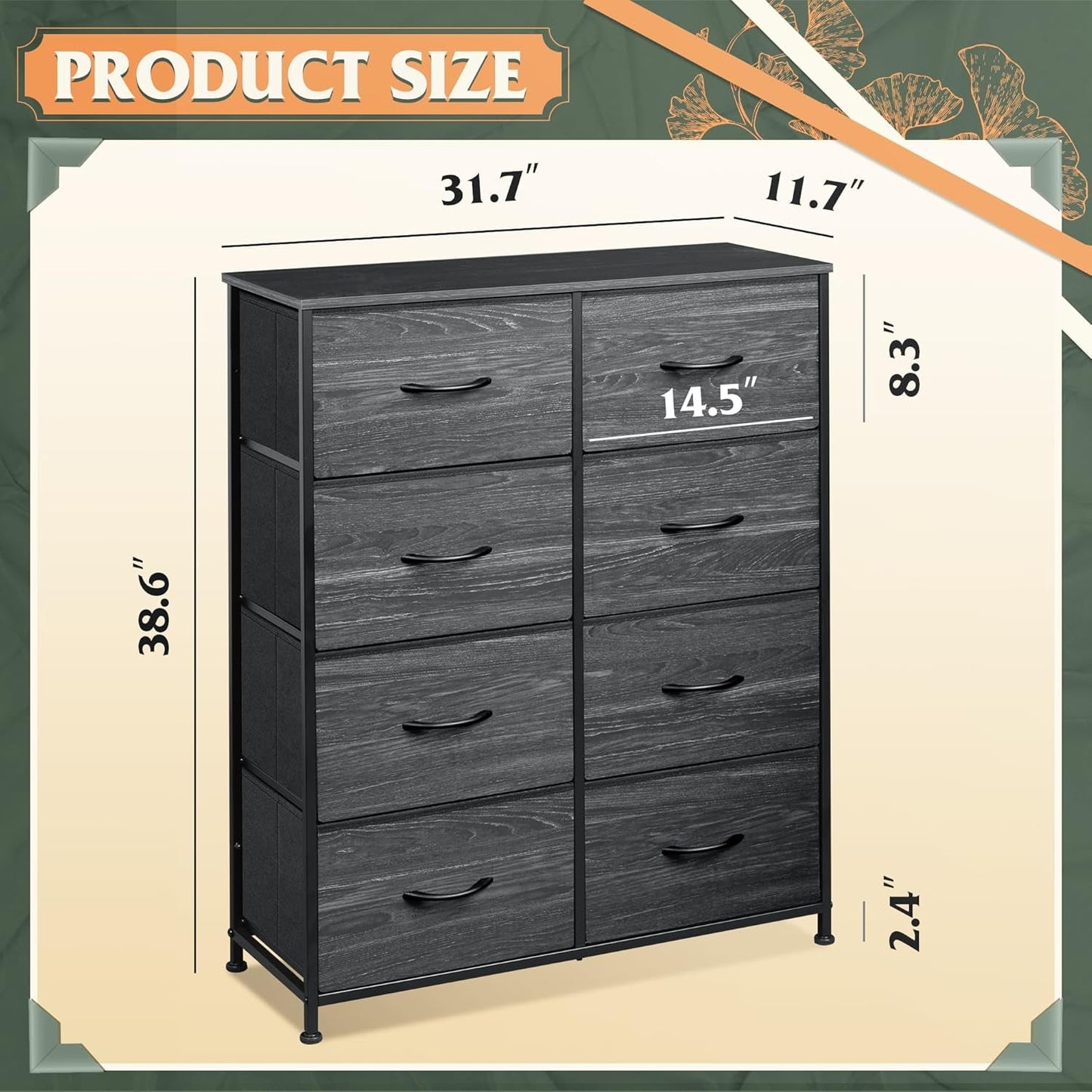 Tall Fabric Dresser With 8 Drawers In Charcoal Black Wood Grain