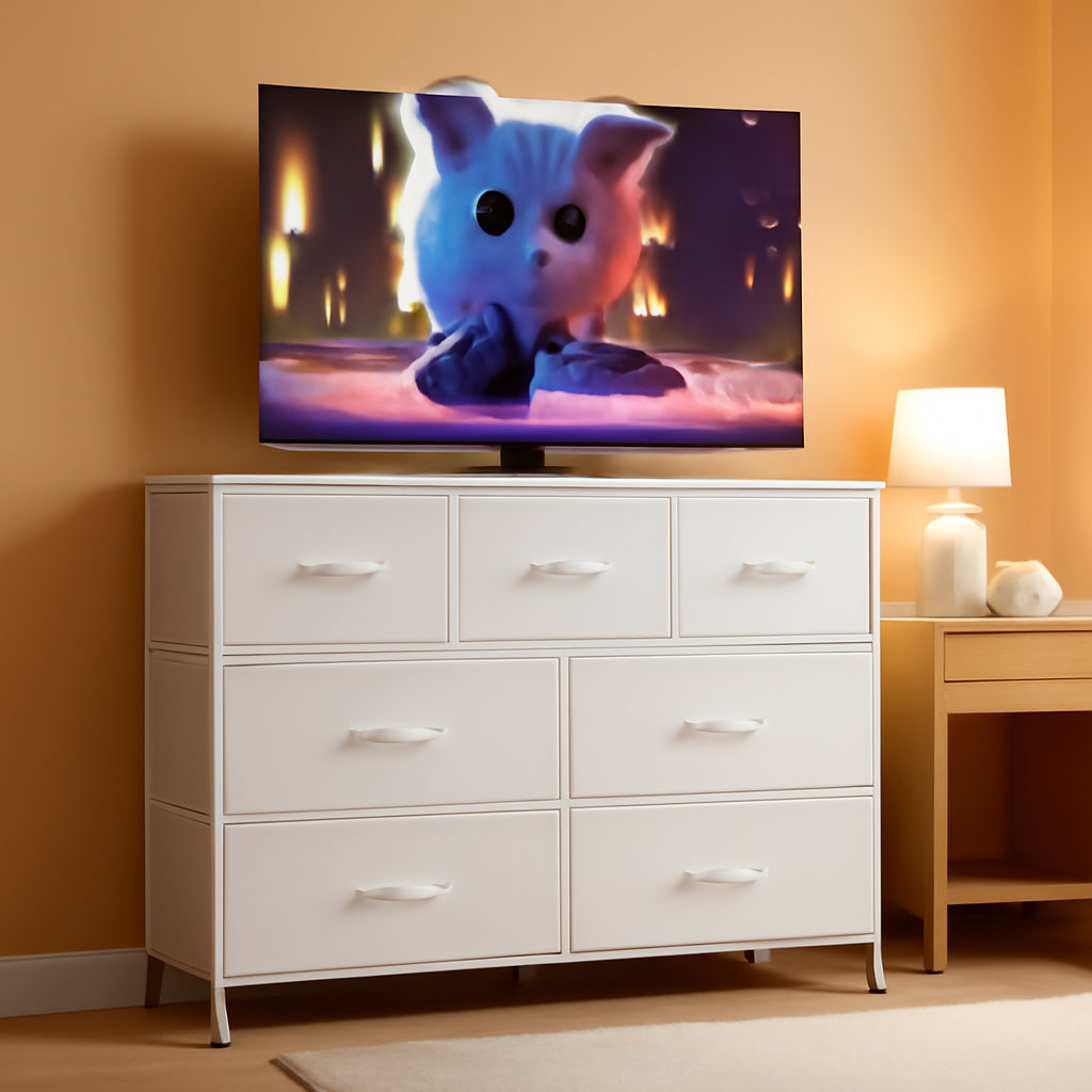 White Dresser With 7 Drawers Steel Frame Wood Top Bedroom Storage