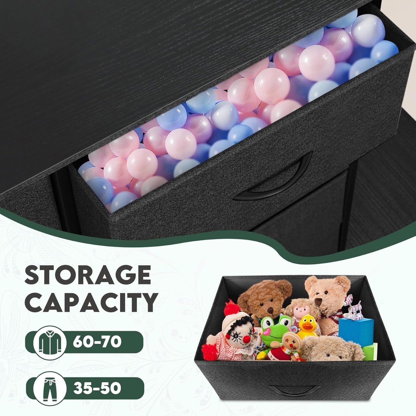 Dresser With 10 Drawers And Fabric Bins In Black Finish