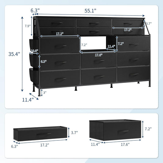 55 Inch Dresser With Fourteen Drawers Shelves Steel Frame