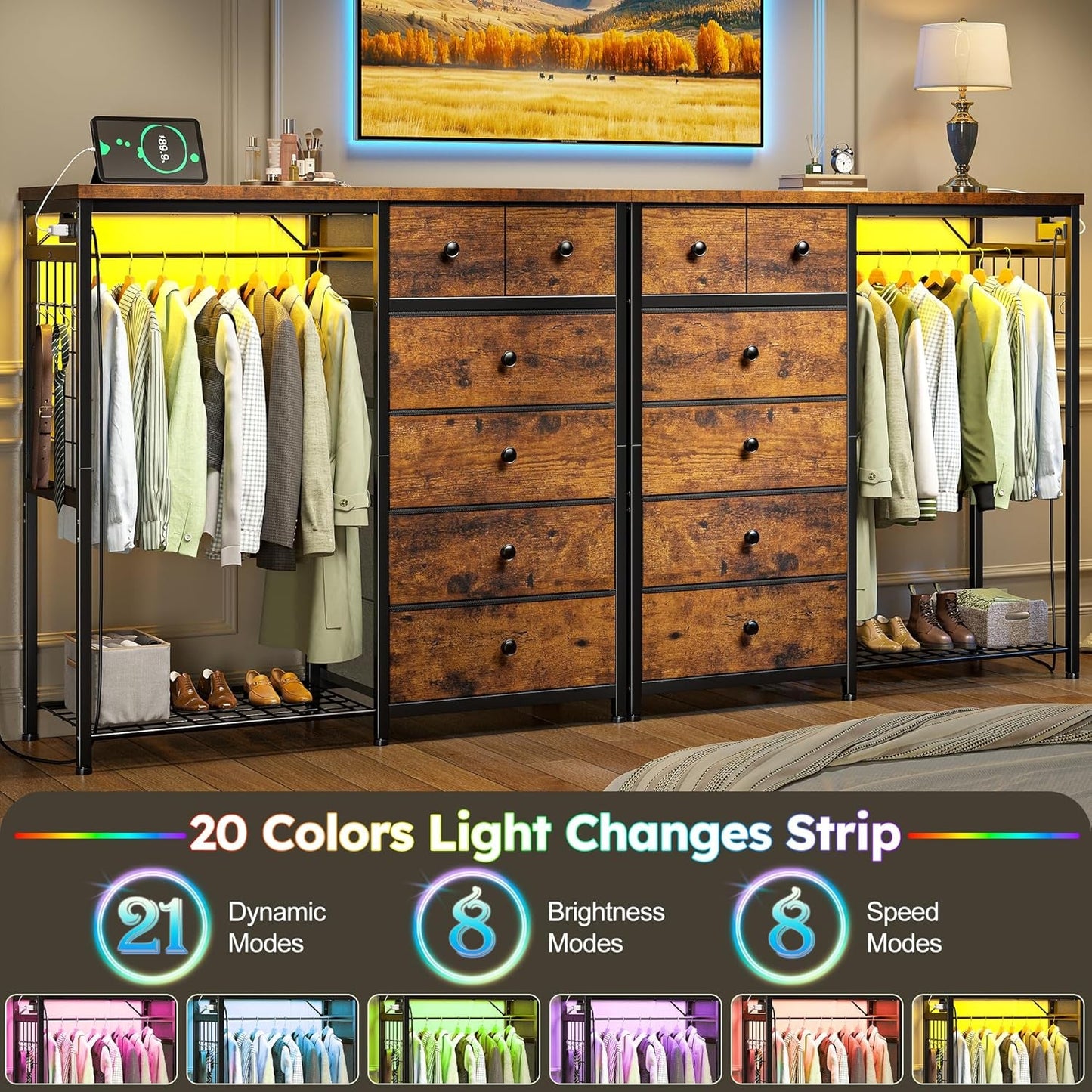 Brown Walnut Storage Dresser With RGB Lighting 49 Inch Wide