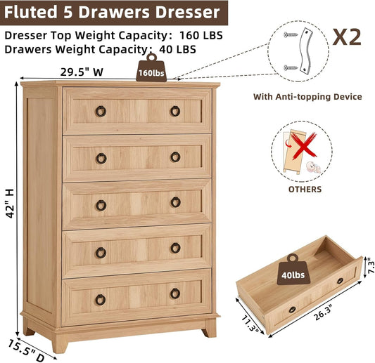 Farmhouse Style 5 Drawer Dresser 42 Inch Tall Rustic Finish