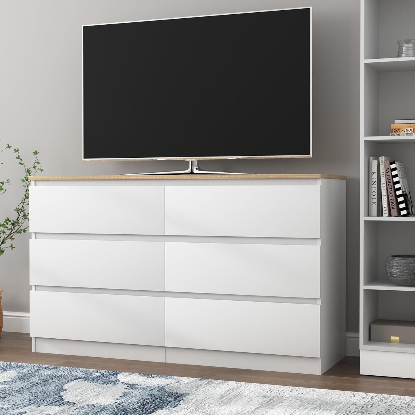 White Forty Seven Inch Six Drawer Dresser Wood Top