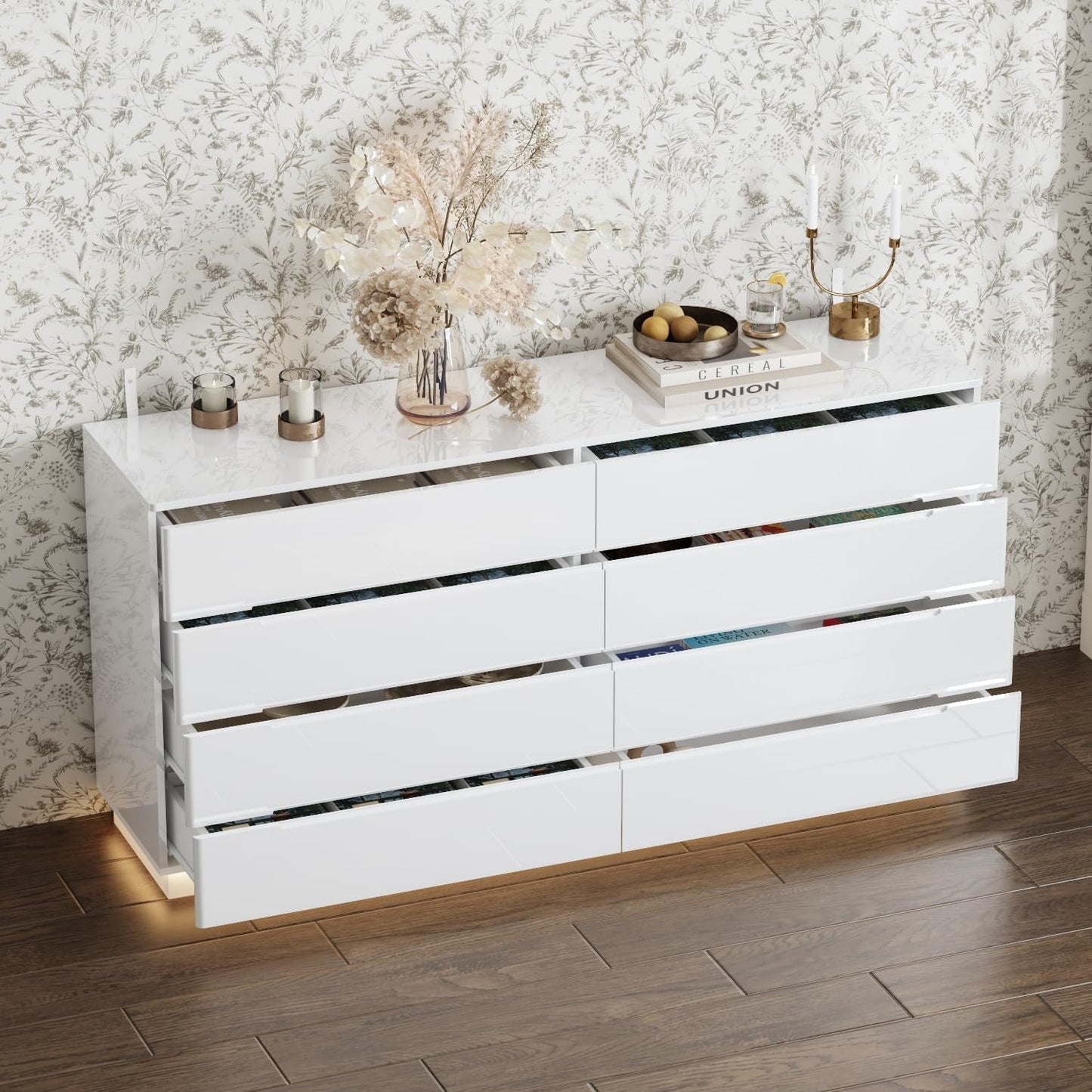 White LED Light Drawer Dresser With Eight Drawers 63 Inch