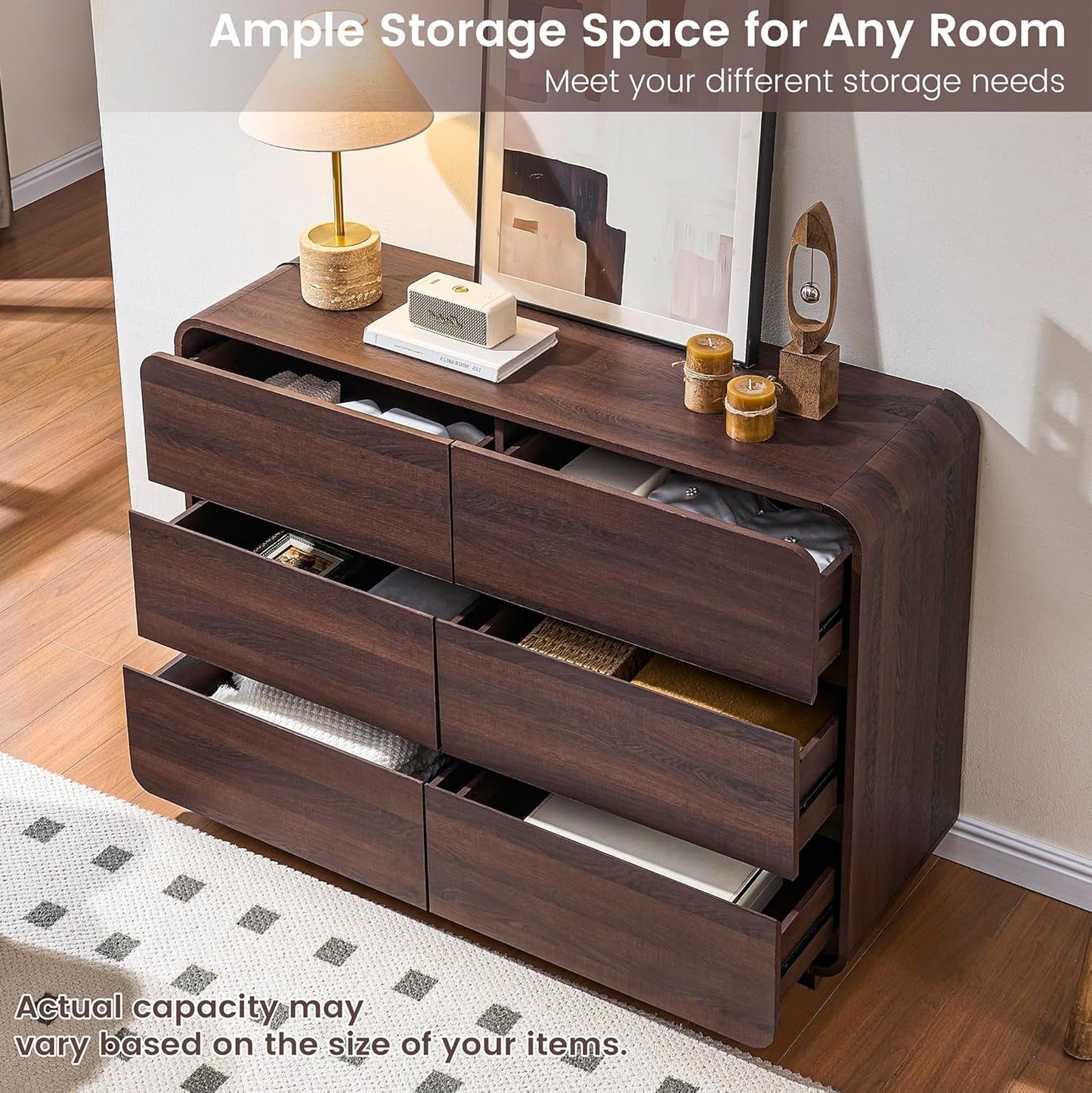 Walnut 6 Drawer Dresser Curved 47 Inch Bedroom Storage