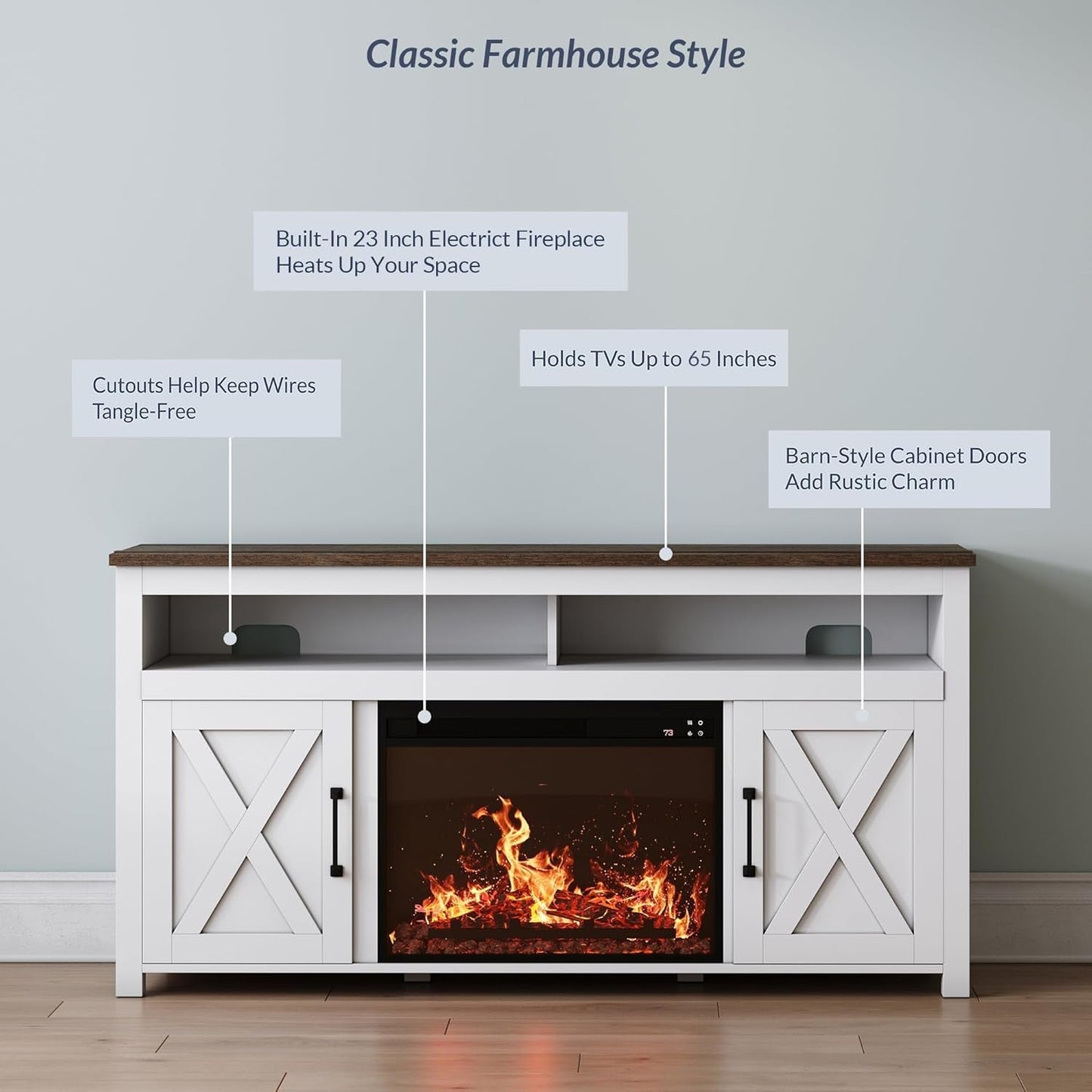 58 Inch White Farmhouse Fireplace TV Stand Cabinet